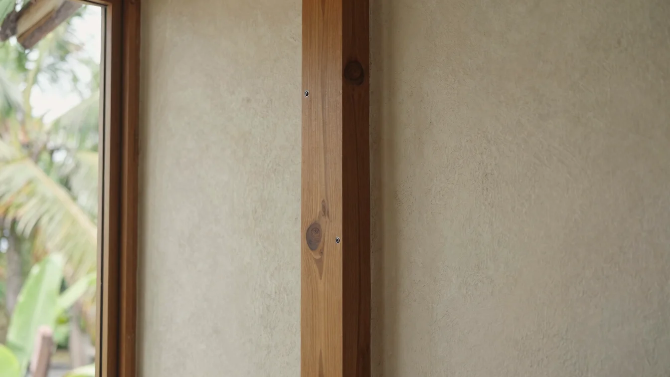 Editorial close-up photograph of a natural timber joint and textu