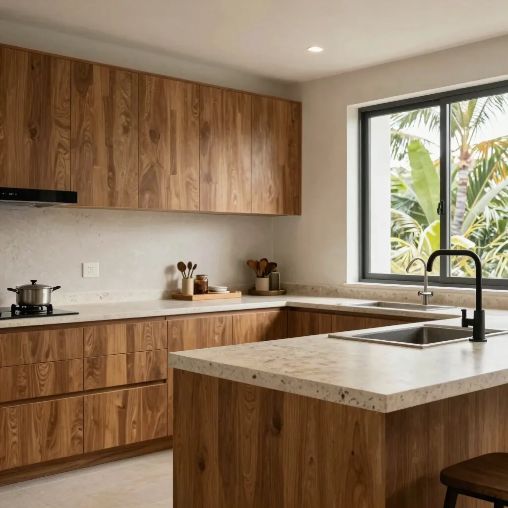 Editorial interior photograph of a clean modern kitchen with warm
