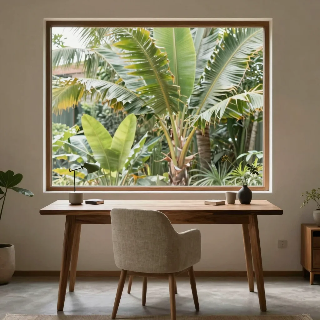 Editorial interior photograph of a calm home workspace with a tim