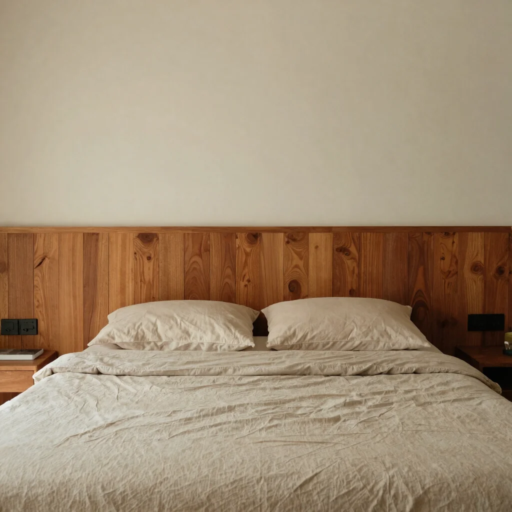 Editorial interior photograph of a quiet bedroom with warm timber